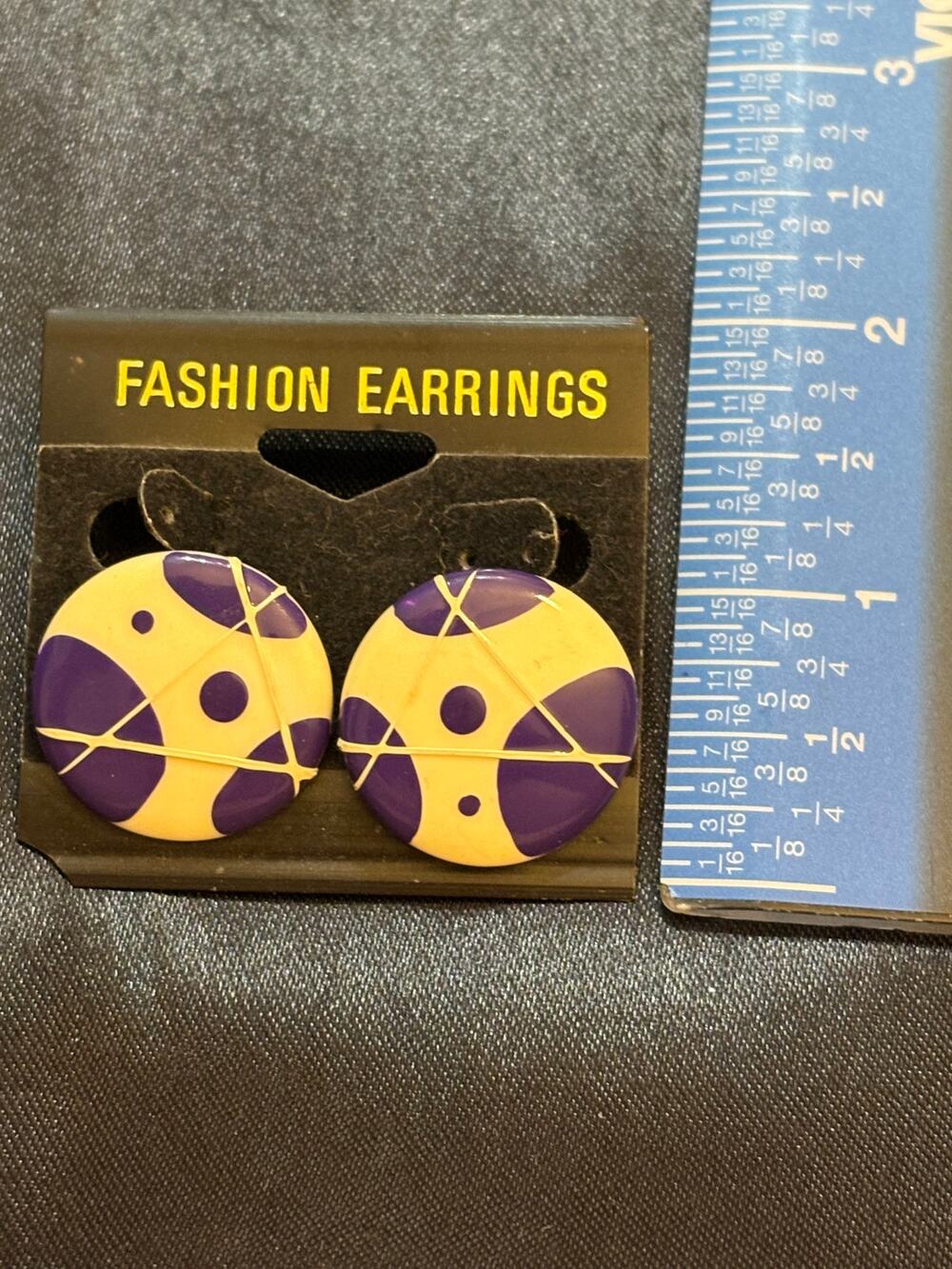 Vintage 80s Old Stock Purple Yellow Abstract Stud Earrings Retro